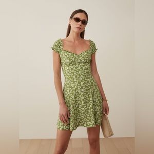 Reformation Pacey Dress Fennel Green Floral Mini Ruffle Sleeve Neck Ruched Back